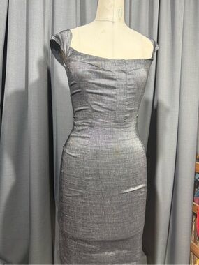 Narciso Rodriguez Metallic Gray Midi Dress with Cap Sleeves